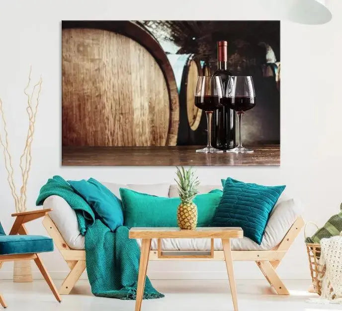 The Wine and Barrel Wall Art Canvas Print showcases a stunning triptych of wine barrels and bottles. Beautifully printed on museum-quality polycotton canvas, it is gallery wrapped and ready to hang, adding a touch of sophistication to any room.