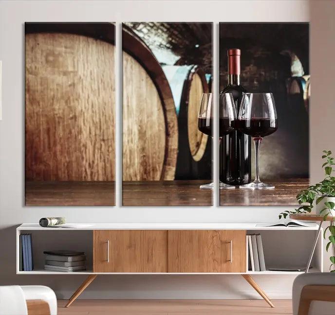 The Wine and Barrel Wall Art Canvas Print showcases a stunning triptych of wine barrels and bottles. Beautifully printed on museum-quality polycotton canvas, it is gallery wrapped and ready to hang, adding a touch of sophistication to any room.