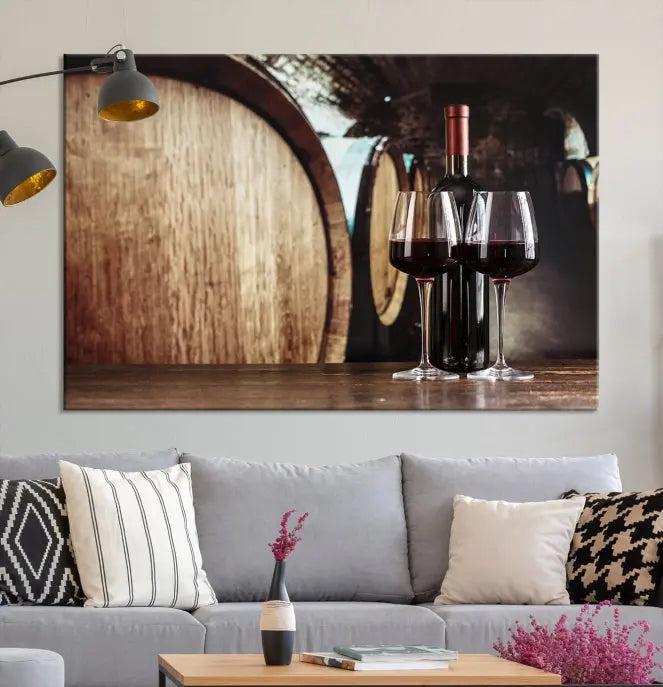 The Wine and Barrel Wall Art Canvas Print showcases a stunning triptych of wine barrels and bottles. Beautifully printed on museum-quality polycotton canvas, it is gallery wrapped and ready to hang, adding a touch of sophistication to any room.