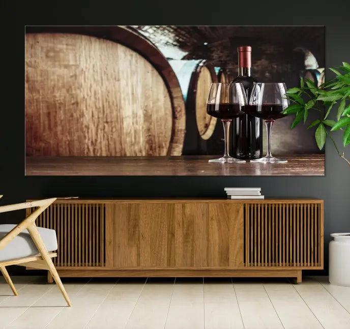 The Wine and Barrel Wall Art Canvas Print showcases a stunning triptych of wine barrels and bottles. Beautifully printed on museum-quality polycotton canvas, it is gallery wrapped and ready to hang, adding a touch of sophistication to any room.