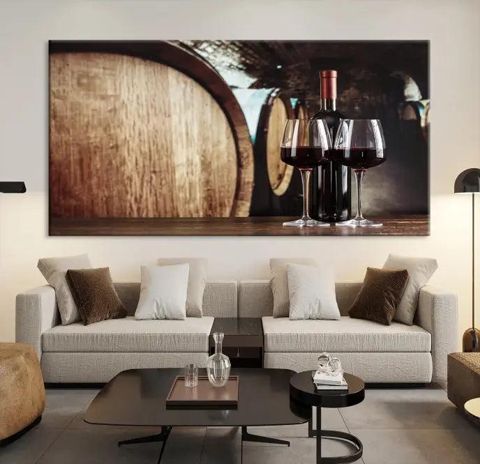 The Wine and Barrel Wall Art Canvas Print showcases a stunning triptych of wine barrels and bottles. Beautifully printed on museum-quality polycotton canvas, it is gallery wrapped and ready to hang, adding a touch of sophistication to any room.