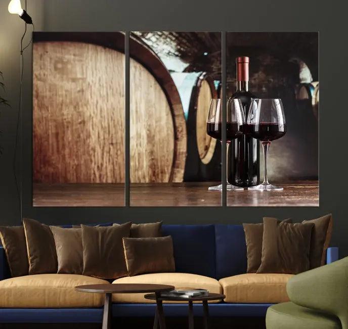 The Wine and Barrel Wall Art Canvas Print showcases a stunning triptych of wine barrels and bottles. Beautifully printed on museum-quality polycotton canvas, it is gallery wrapped and ready to hang, adding a touch of sophistication to any room.