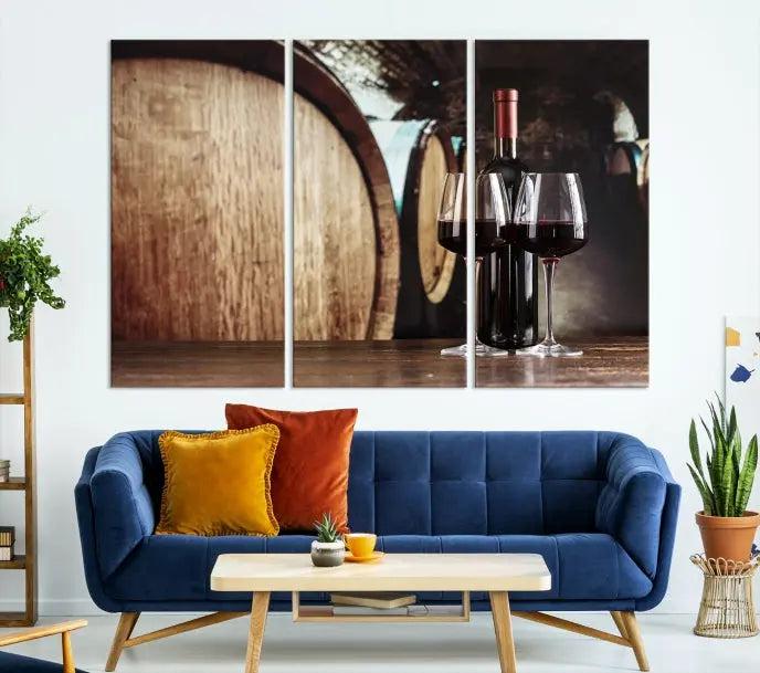 The Wine and Barrel Wall Art Canvas Print showcases a stunning triptych of wine barrels and bottles. Beautifully printed on museum-quality polycotton canvas, it is gallery wrapped and ready to hang, adding a touch of sophistication to any room.