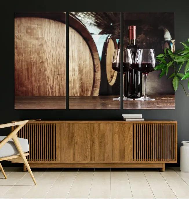 The Wine and Barrel Wall Art Canvas Print showcases a stunning triptych of wine barrels and bottles. Beautifully printed on museum-quality polycotton canvas, it is gallery wrapped and ready to hang, adding a touch of sophistication to any room.