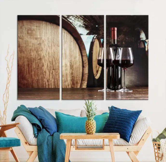 The Wine and Barrel Wall Art Canvas Print showcases a stunning triptych of wine barrels and bottles. Beautifully printed on museum-quality polycotton canvas, it is gallery wrapped and ready to hang, adding a touch of sophistication to any room.