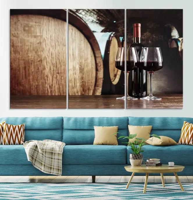 The Wine and Barrel Wall Art Canvas Print showcases a stunning triptych of wine barrels and bottles. Beautifully printed on museum-quality polycotton canvas, it is gallery wrapped and ready to hang, adding a touch of sophistication to any room.