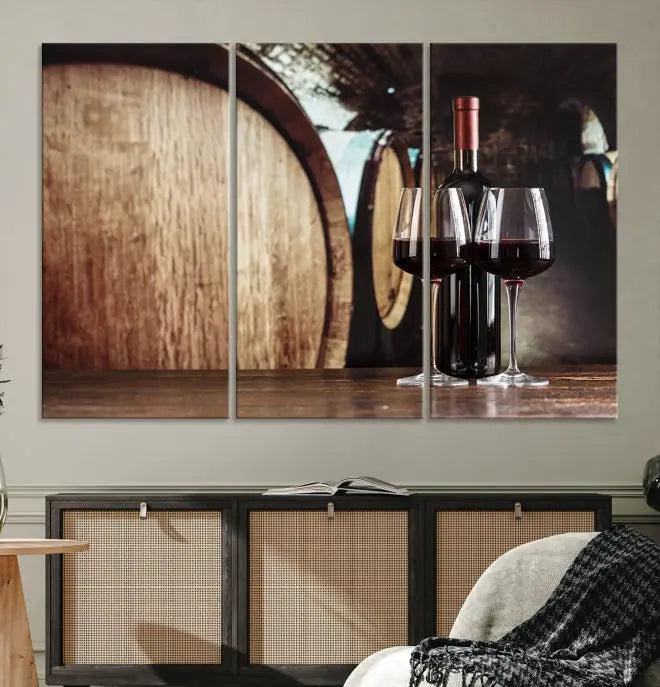 The Wine and Barrel Wall Art Canvas Print showcases a stunning triptych of wine barrels and bottles. Beautifully printed on museum-quality polycotton canvas, it is gallery wrapped and ready to hang, adding a touch of sophistication to any room.