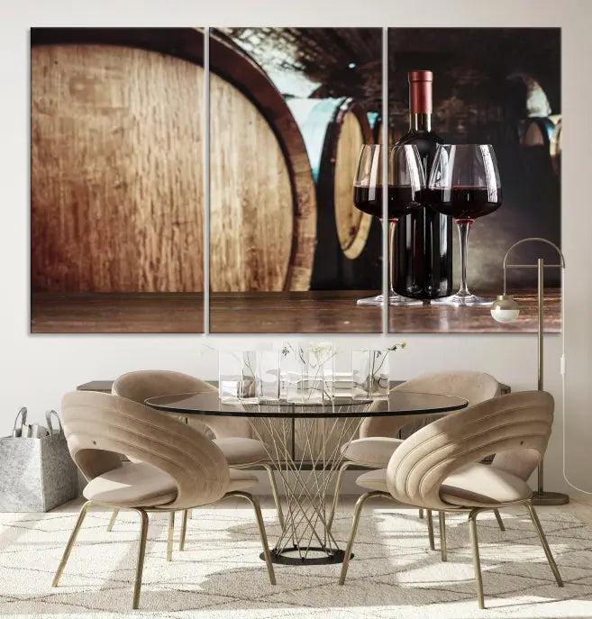 The Wine and Barrel Wall Art Canvas Print showcases a stunning triptych of wine barrels and bottles. Beautifully printed on museum-quality polycotton canvas, it is gallery wrapped and ready to hang, adding a touch of sophistication to any room.