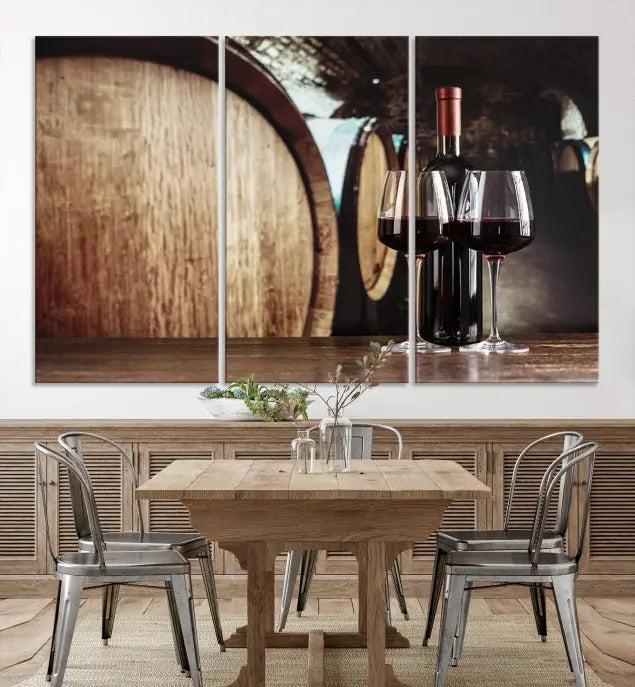 The Wine and Barrel Wall Art Canvas Print showcases a stunning triptych of wine barrels and bottles. Beautifully printed on museum-quality polycotton canvas, it is gallery wrapped and ready to hang, adding a touch of sophistication to any room.