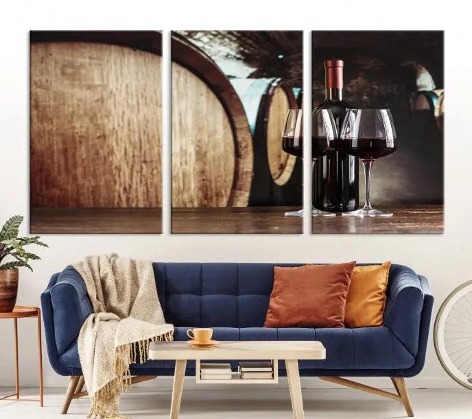 The Wine and Barrel Wall Art Canvas Print showcases a stunning triptych of wine barrels and bottles. Beautifully printed on museum-quality polycotton canvas, it is gallery wrapped and ready to hang, adding a touch of sophistication to any room.