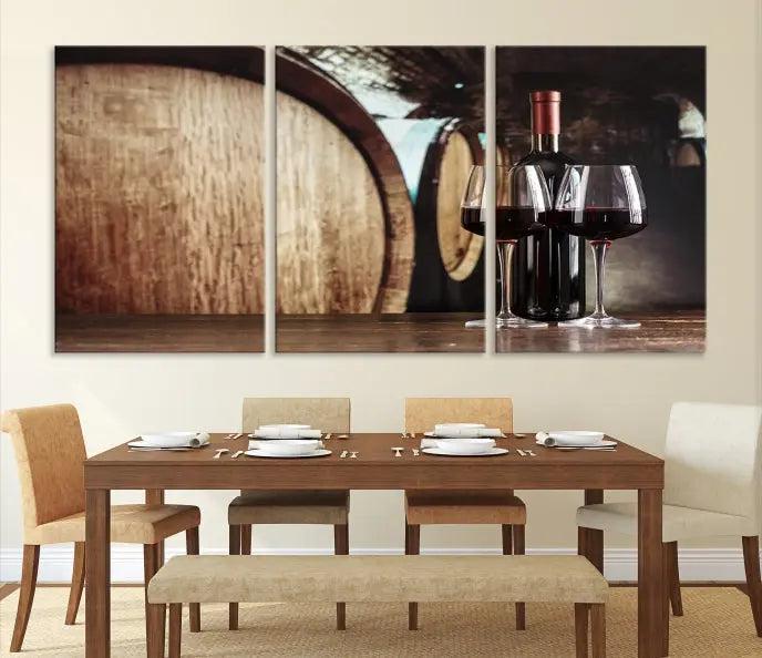 The Wine and Barrel Wall Art Canvas Print showcases a stunning triptych of wine barrels and bottles. Beautifully printed on museum-quality polycotton canvas, it is gallery wrapped and ready to hang, adding a touch of sophistication to any room.