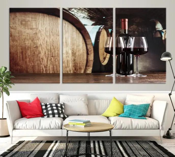 The Wine and Barrel Wall Art Canvas Print showcases a stunning triptych of wine barrels and bottles. Beautifully printed on museum-quality polycotton canvas, it is gallery wrapped and ready to hang, adding a touch of sophistication to any room.