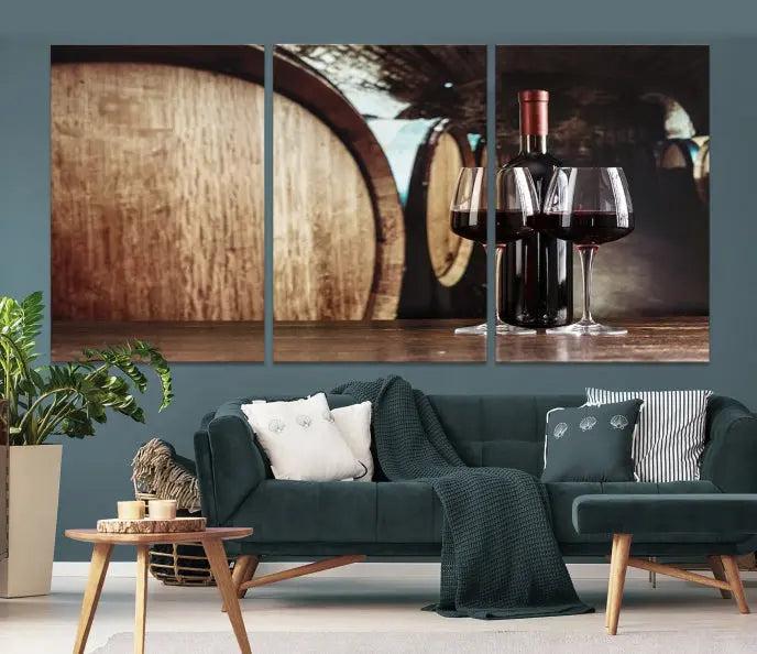 The Wine and Barrel Wall Art Canvas Print showcases a stunning triptych of wine barrels and bottles. Beautifully printed on museum-quality polycotton canvas, it is gallery wrapped and ready to hang, adding a touch of sophistication to any room.