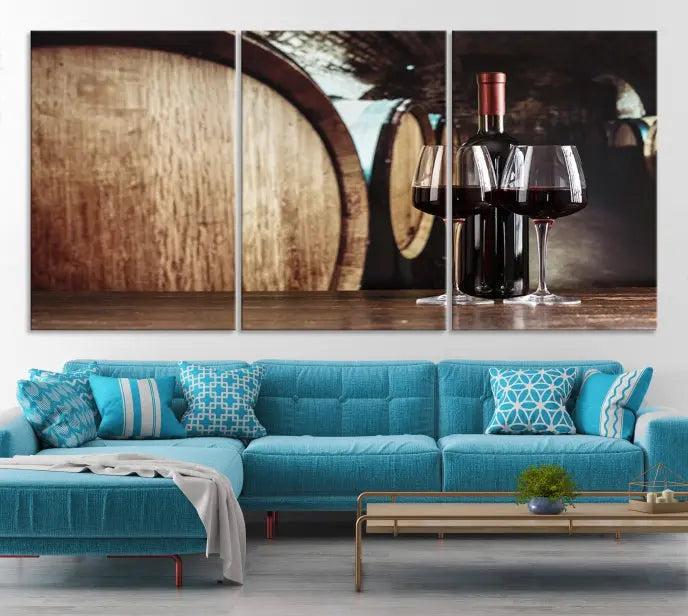 The Wine and Barrel Wall Art Canvas Print showcases a stunning triptych of wine barrels and bottles. Beautifully printed on museum-quality polycotton canvas, it is gallery wrapped and ready to hang, adding a touch of sophistication to any room.