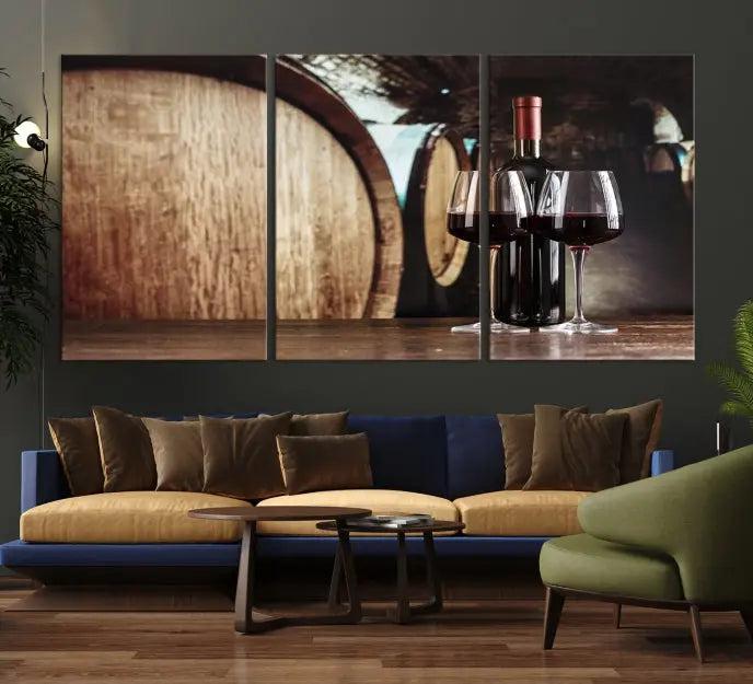 The Wine and Barrel Wall Art Canvas Print showcases a stunning triptych of wine barrels and bottles. Beautifully printed on museum-quality polycotton canvas, it is gallery wrapped and ready to hang, adding a touch of sophistication to any room.