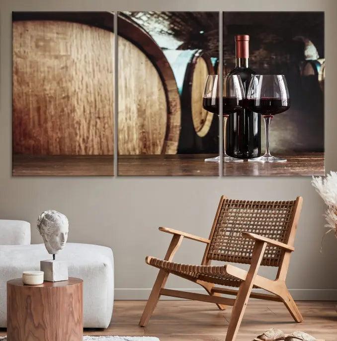 The Wine and Barrel Wall Art Canvas Print showcases a stunning triptych of wine barrels and bottles. Beautifully printed on museum-quality polycotton canvas, it is gallery wrapped and ready to hang, adding a touch of sophistication to any room.