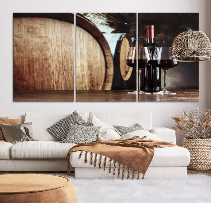 The Wine and Barrel Wall Art Canvas Print showcases a stunning triptych of wine barrels and bottles. Beautifully printed on museum-quality polycotton canvas, it is gallery wrapped and ready to hang, adding a touch of sophistication to any room.