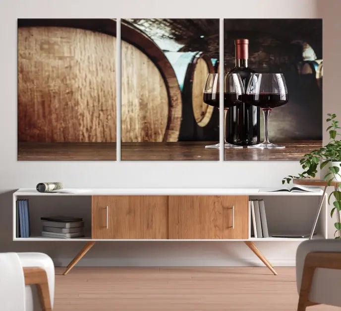 The Wine and Barrel Wall Art Canvas Print showcases a stunning triptych of wine barrels and bottles. Beautifully printed on museum-quality polycotton canvas, it is gallery wrapped and ready to hang, adding a touch of sophistication to any room.