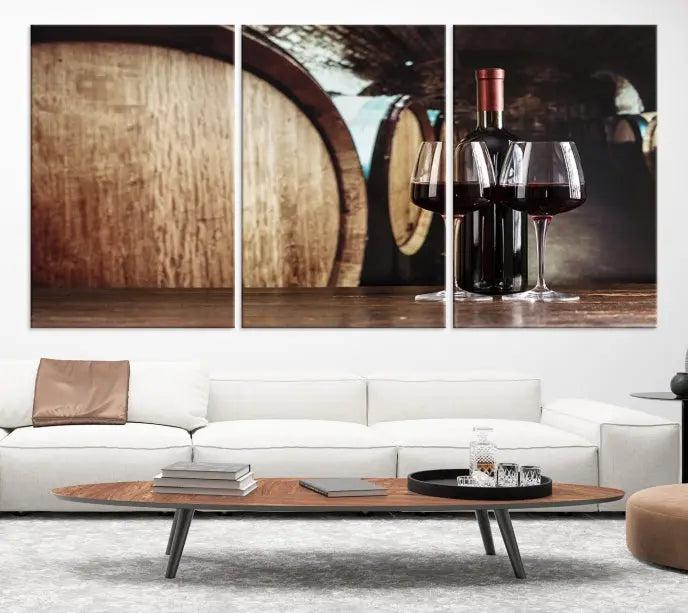 The Wine and Barrel Wall Art Canvas Print showcases a stunning triptych of wine barrels and bottles. Beautifully printed on museum-quality polycotton canvas, it is gallery wrapped and ready to hang, adding a touch of sophistication to any room.