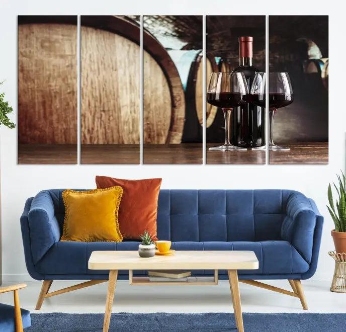 The Wine and Barrel Wall Art Canvas Print showcases a stunning triptych of wine barrels and bottles. Beautifully printed on museum-quality polycotton canvas, it is gallery wrapped and ready to hang, adding a touch of sophistication to any room.