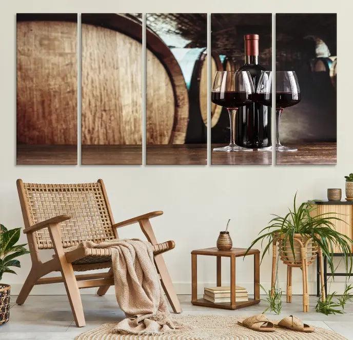 The Wine and Barrel Wall Art Canvas Print showcases a stunning triptych of wine barrels and bottles. Beautifully printed on museum-quality polycotton canvas, it is gallery wrapped and ready to hang, adding a touch of sophistication to any room.