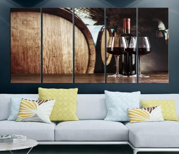 The Wine and Barrel Wall Art Canvas Print showcases a stunning triptych of wine barrels and bottles. Beautifully printed on museum-quality polycotton canvas, it is gallery wrapped and ready to hang, adding a touch of sophistication to any room.