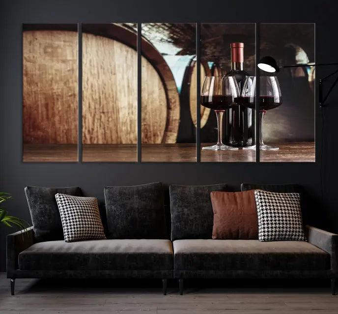 The Wine and Barrel Wall Art Canvas Print showcases a stunning triptych of wine barrels and bottles. Beautifully printed on museum-quality polycotton canvas, it is gallery wrapped and ready to hang, adding a touch of sophistication to any room.