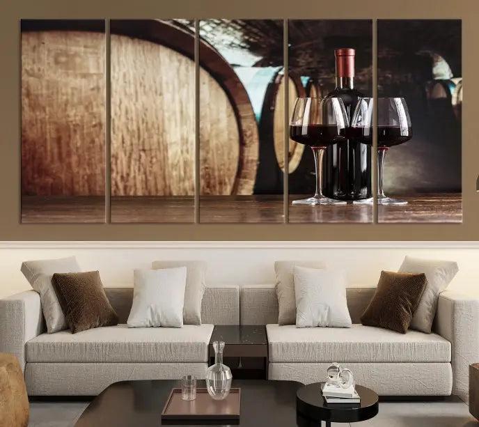 The Wine and Barrel Wall Art Canvas Print showcases a stunning triptych of wine barrels and bottles. Beautifully printed on museum-quality polycotton canvas, it is gallery wrapped and ready to hang, adding a touch of sophistication to any room.