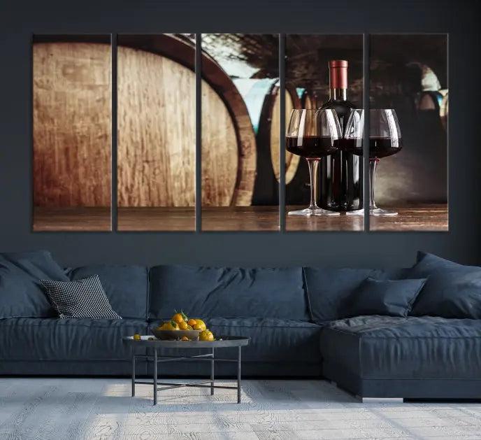 The Wine and Barrel Wall Art Canvas Print showcases a stunning triptych of wine barrels and bottles. Beautifully printed on museum-quality polycotton canvas, it is gallery wrapped and ready to hang, adding a touch of sophistication to any room.