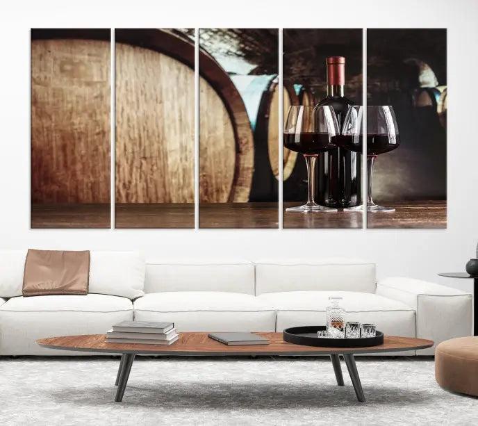 The Wine and Barrel Wall Art Canvas Print showcases a stunning triptych of wine barrels and bottles. Beautifully printed on museum-quality polycotton canvas, it is gallery wrapped and ready to hang, adding a touch of sophistication to any room.