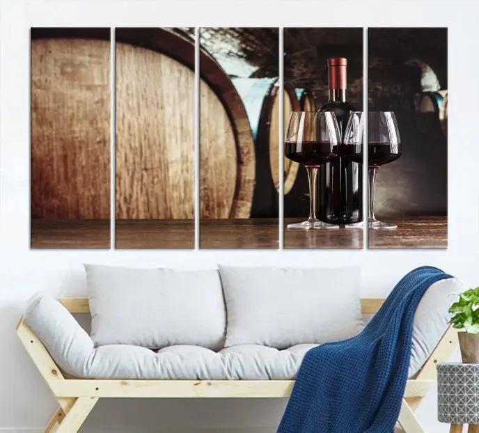 The Wine and Barrel Wall Art Canvas Print showcases a stunning triptych of wine barrels and bottles. Beautifully printed on museum-quality polycotton canvas, it is gallery wrapped and ready to hang, adding a touch of sophistication to any room.