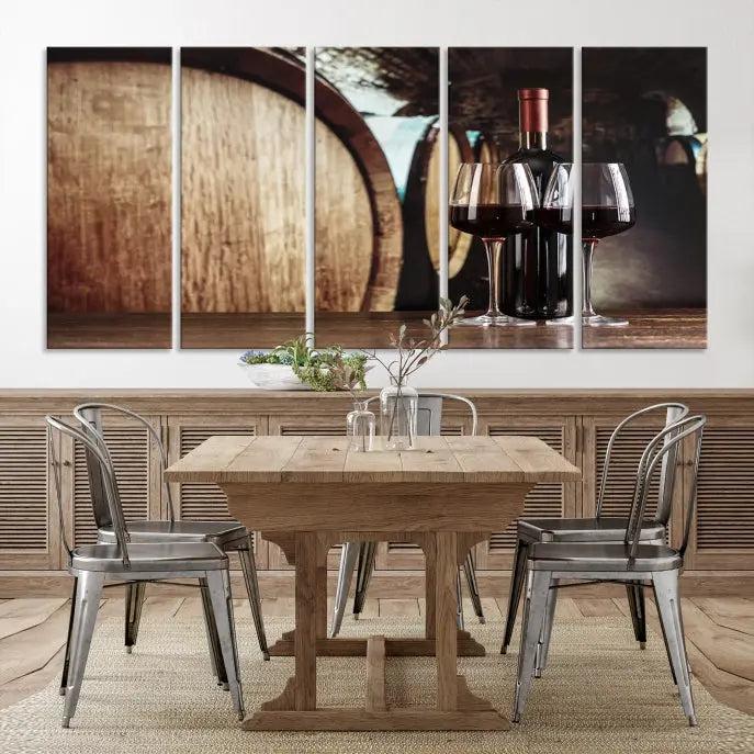 The Wine and Barrel Wall Art Canvas Print showcases a stunning triptych of wine barrels and bottles. Beautifully printed on museum-quality polycotton canvas, it is gallery wrapped and ready to hang, adding a touch of sophistication to any room.