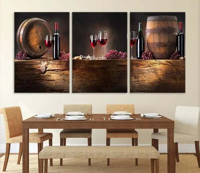 The dining room is enhanced by the "Wine and Barrels Wall Art Canvas Print," which depicts wine barrels, bottles, glasses, and grapes on museum-quality canvas, ensuring both longevity and style.