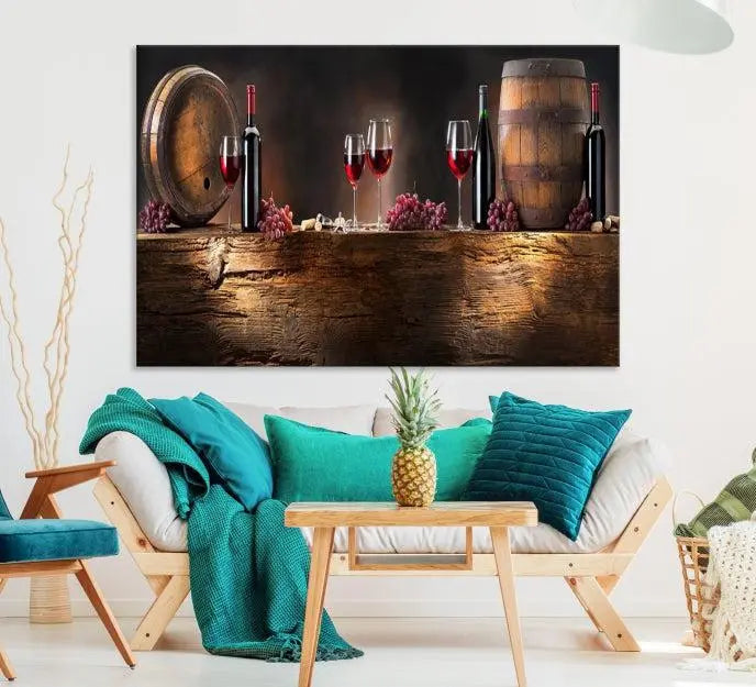 The dining room is enhanced by the "Wine and Barrels Wall Art Canvas Print," which depicts wine barrels, bottles, glasses, and grapes on museum-quality canvas, ensuring both longevity and style.