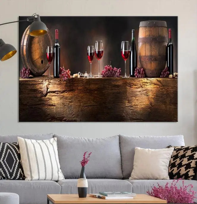 The dining room is enhanced by the "Wine and Barrels Wall Art Canvas Print," which depicts wine barrels, bottles, glasses, and grapes on museum-quality canvas, ensuring both longevity and style.