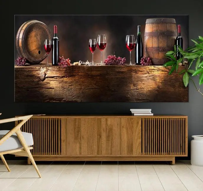 The dining room is enhanced by the "Wine and Barrels Wall Art Canvas Print," which depicts wine barrels, bottles, glasses, and grapes on museum-quality canvas, ensuring both longevity and style.