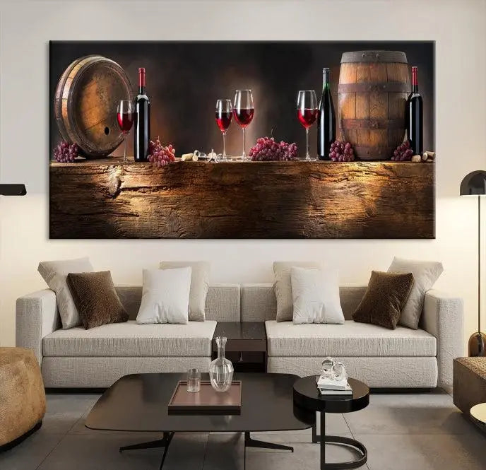 The dining room is enhanced by the "Wine and Barrels Wall Art Canvas Print," which depicts wine barrels, bottles, glasses, and grapes on museum-quality canvas, ensuring both longevity and style.