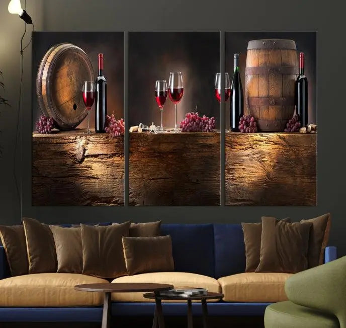 The dining room is enhanced by the "Wine and Barrels Wall Art Canvas Print," which depicts wine barrels, bottles, glasses, and grapes on museum-quality canvas, ensuring both longevity and style.