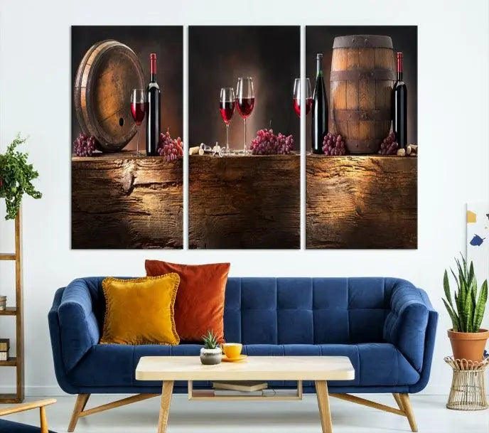 The dining room is enhanced by the "Wine and Barrels Wall Art Canvas Print," which depicts wine barrels, bottles, glasses, and grapes on museum-quality canvas, ensuring both longevity and style.