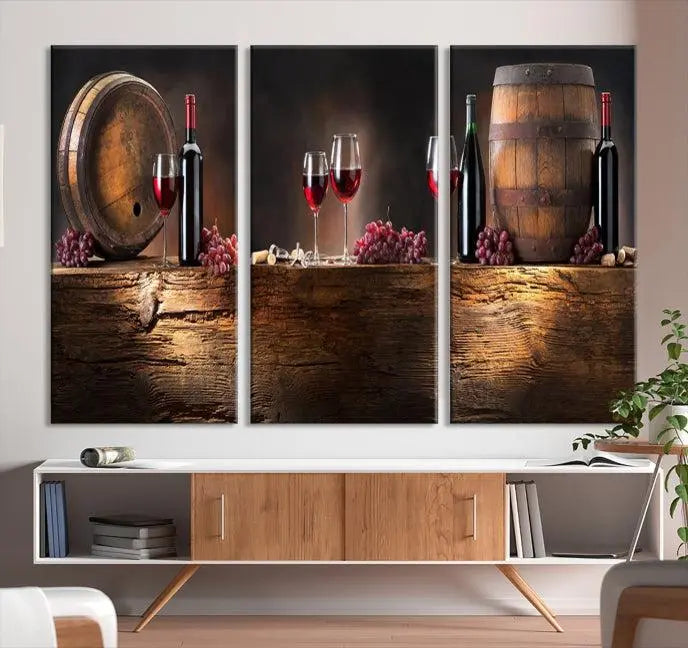 The dining room is enhanced by the "Wine and Barrels Wall Art Canvas Print," which depicts wine barrels, bottles, glasses, and grapes on museum-quality canvas, ensuring both longevity and style.