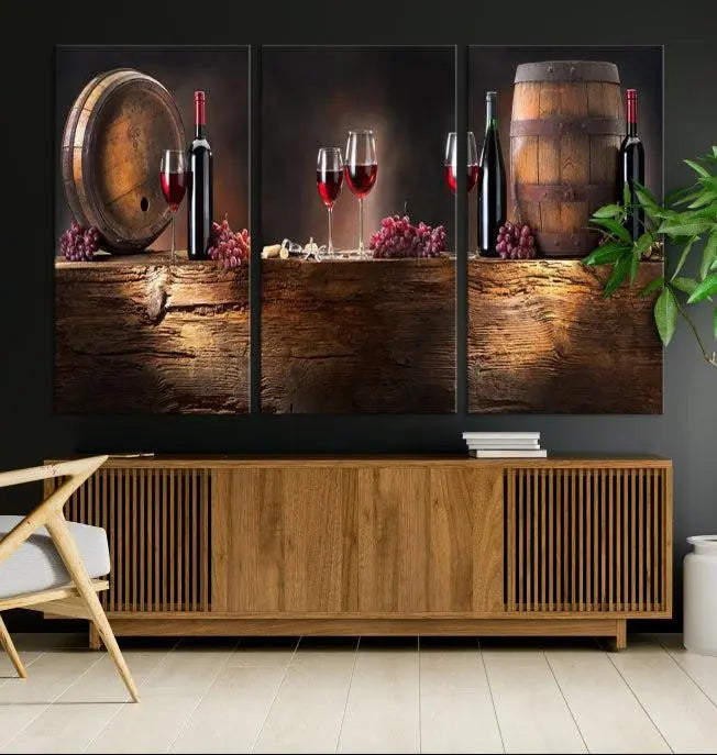 The dining room is enhanced by the "Wine and Barrels Wall Art Canvas Print," which depicts wine barrels, bottles, glasses, and grapes on museum-quality canvas, ensuring both longevity and style.