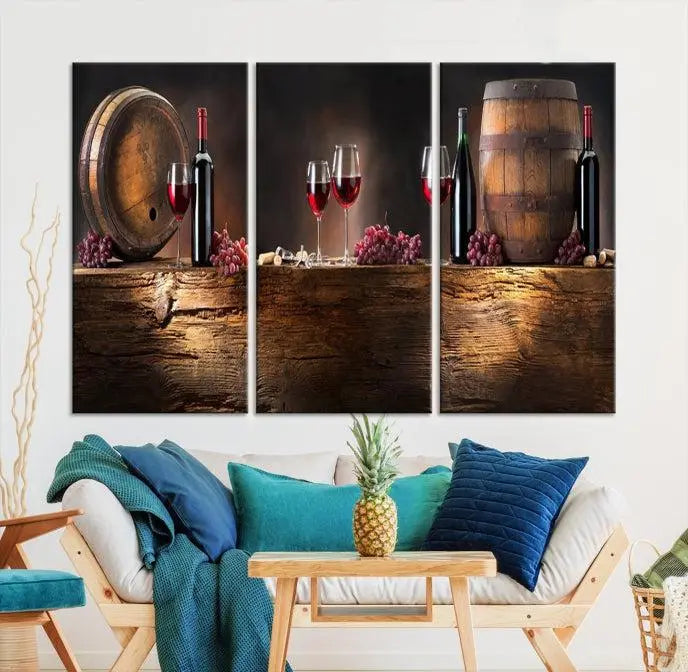 The dining room is enhanced by the "Wine and Barrels Wall Art Canvas Print," which depicts wine barrels, bottles, glasses, and grapes on museum-quality canvas, ensuring both longevity and style.