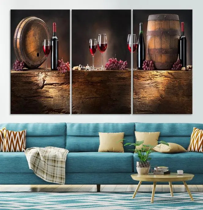 The dining room is enhanced by the "Wine and Barrels Wall Art Canvas Print," which depicts wine barrels, bottles, glasses, and grapes on museum-quality canvas, ensuring both longevity and style.