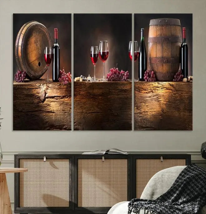 The dining room is enhanced by the "Wine and Barrels Wall Art Canvas Print," which depicts wine barrels, bottles, glasses, and grapes on museum-quality canvas, ensuring both longevity and style.