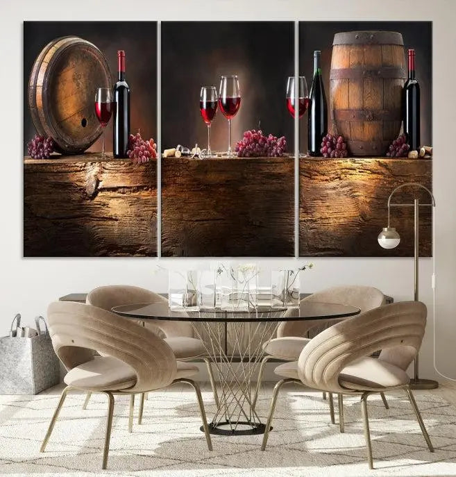 The dining room is enhanced by the "Wine and Barrels Wall Art Canvas Print," which depicts wine barrels, bottles, glasses, and grapes on museum-quality canvas, ensuring both longevity and style.