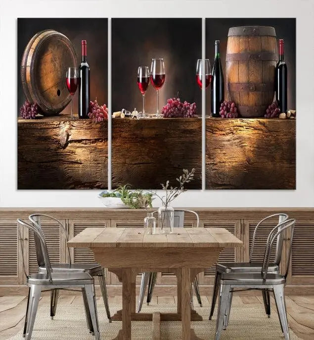 The dining room is enhanced by the "Wine and Barrels Wall Art Canvas Print," which depicts wine barrels, bottles, glasses, and grapes on museum-quality canvas, ensuring both longevity and style.