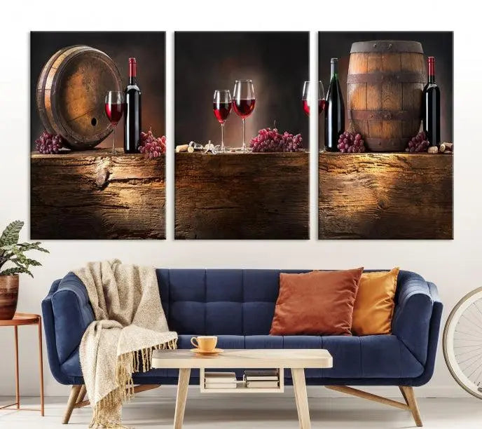 The dining room is enhanced by the "Wine and Barrels Wall Art Canvas Print," which depicts wine barrels, bottles, glasses, and grapes on museum-quality canvas, ensuring both longevity and style.