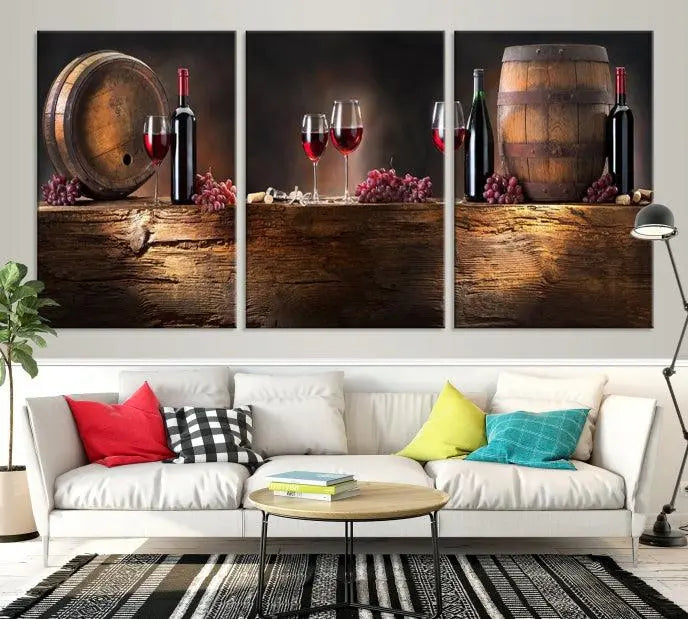 The dining room is enhanced by the "Wine and Barrels Wall Art Canvas Print," which depicts wine barrels, bottles, glasses, and grapes on museum-quality canvas, ensuring both longevity and style.