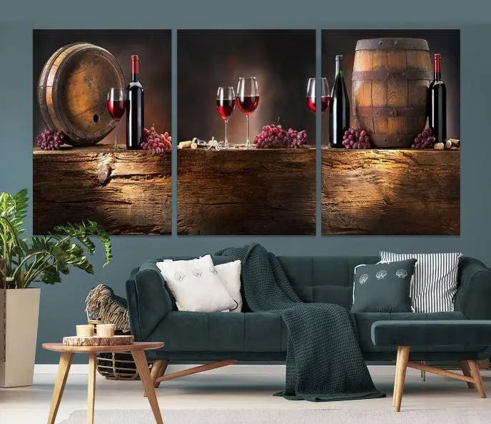 The dining room is enhanced by the "Wine and Barrels Wall Art Canvas Print," which depicts wine barrels, bottles, glasses, and grapes on museum-quality canvas, ensuring both longevity and style.