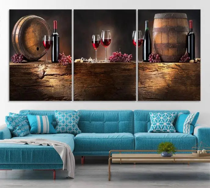 The dining room is enhanced by the "Wine and Barrels Wall Art Canvas Print," which depicts wine barrels, bottles, glasses, and grapes on museum-quality canvas, ensuring both longevity and style.